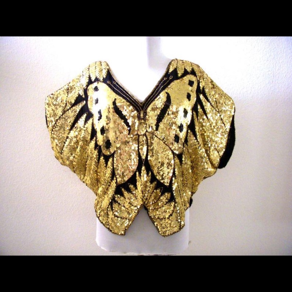 Vintage 80s gold & black sequin butterfly top m/l